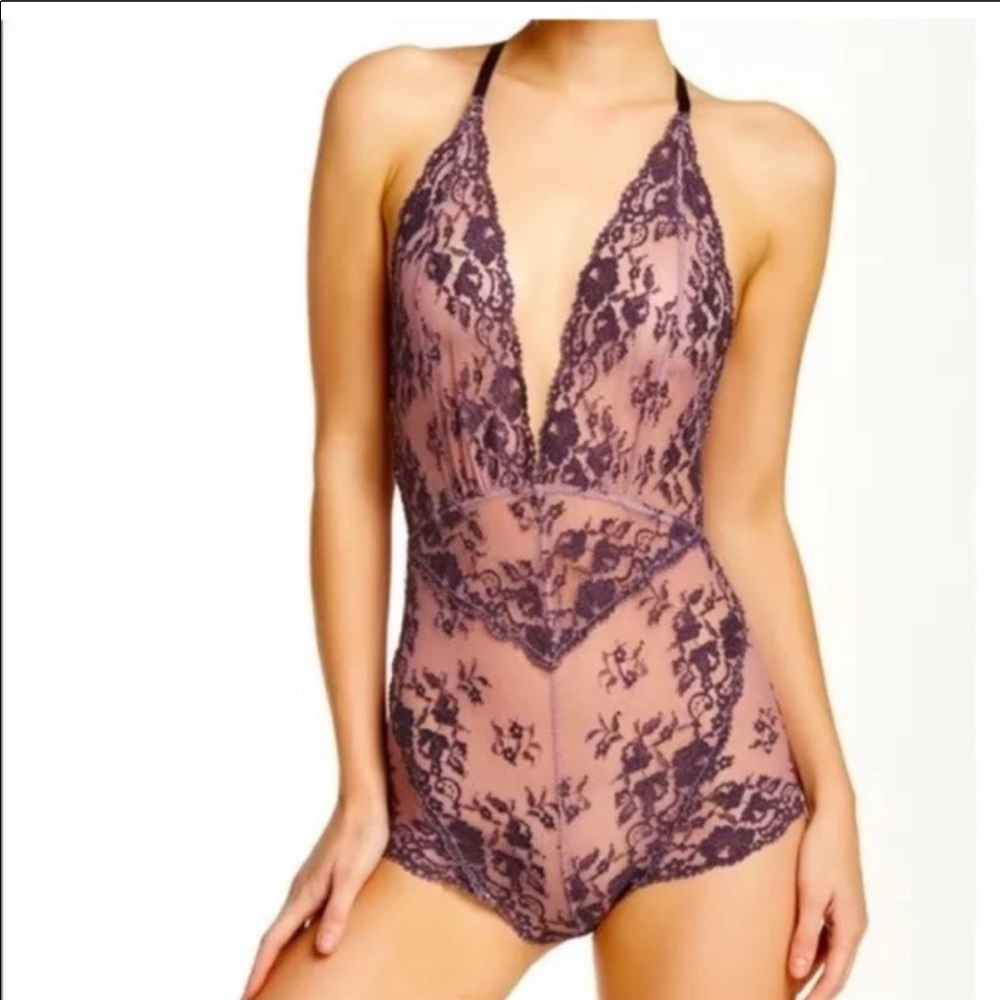 NWT Free People Bodysuit Too Cute Eggplant Combo Purple Lingerie S and XS